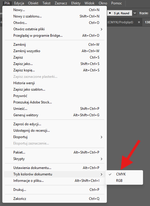 Ustawienie trybu kolorów dokumentu AI na CMYK
