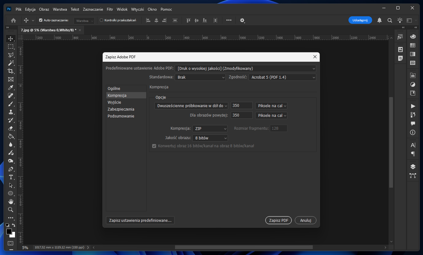Ustawienia zapisu do pliku PDF w Photoshopie