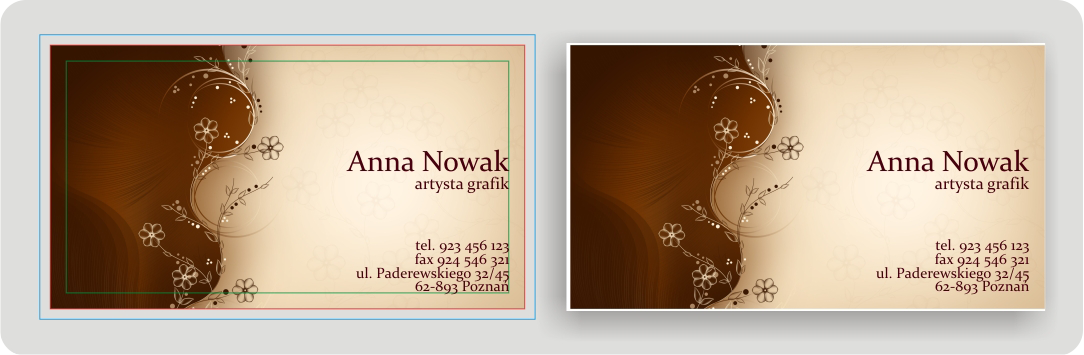 Przykład wizytówki przygotowanej bez spadu