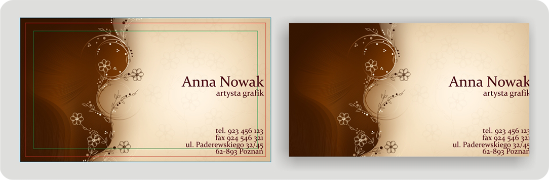 Przykład wizytówki z elementami zbyt blisko krawędzi cięcia